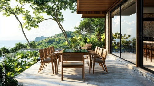 Elegant teak wood outdoor dining set with a glass table and comfortable chairs