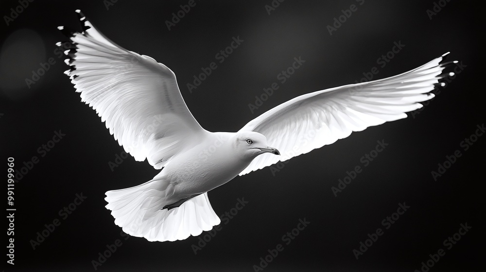 Obraz premium seagull flying over the sea with wings extended, soaring through the coastal air, a symbol of freedom and graceful wildlife in motion against the backdrop of the open sky