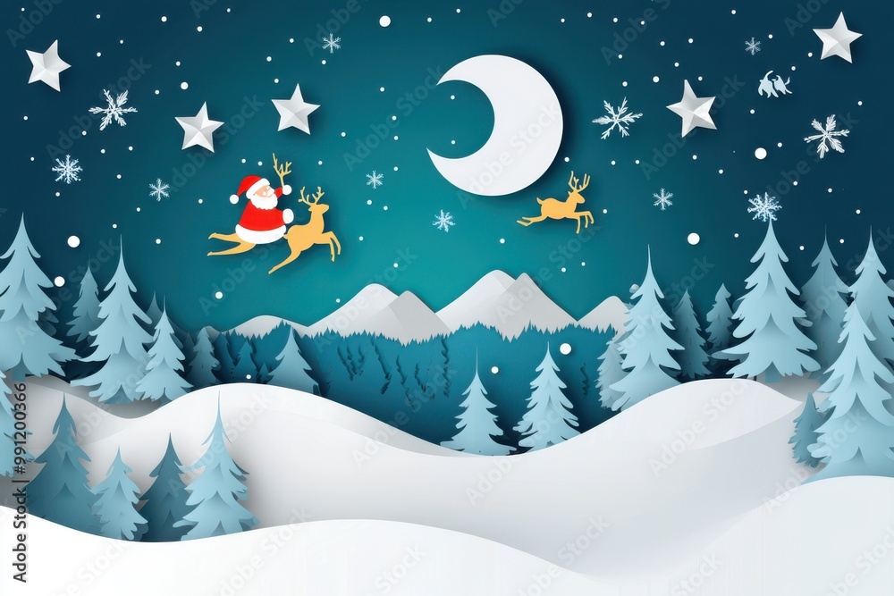 A minimalist paper-cut style landscape, depicting a snowy scene with a reindeer and Santa Claus flying in the sky above a snowy forest.