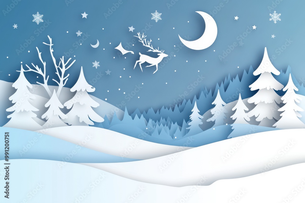 Obraz premium A minimalist paper-cut style landscape, depicting a snowy scene with a reindeer and Santa Claus flying in the sky above a snowy forest.