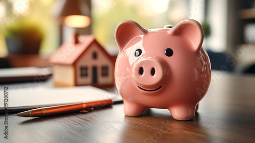 Piggy bank with house model and pen on table in office