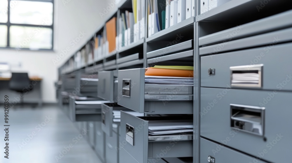A modern office space featuring filing cabinets with open drawers and organized documents. A modern office space featuring filing cabinets with open drawers and organized documents.