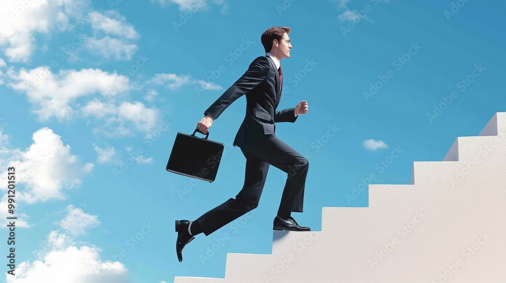 Businessman holding a suitcase climbing stairs on a bright blue sky background Businessman holding a suitcase climbing stairs on a bright blue sky background
