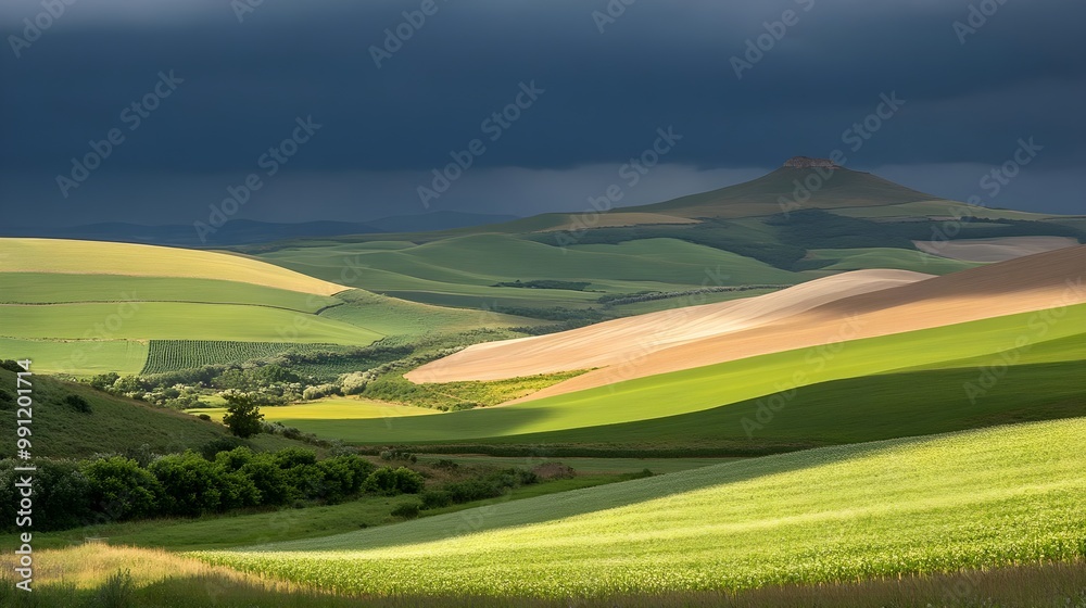 Obraz premium Vibrant rolling hills under a dramatic sky, showcasing nature's beautiful color palette.