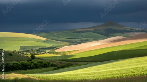 Vibrant rolling hills under a dramatic sky, showcasing nature's beautiful color palette.