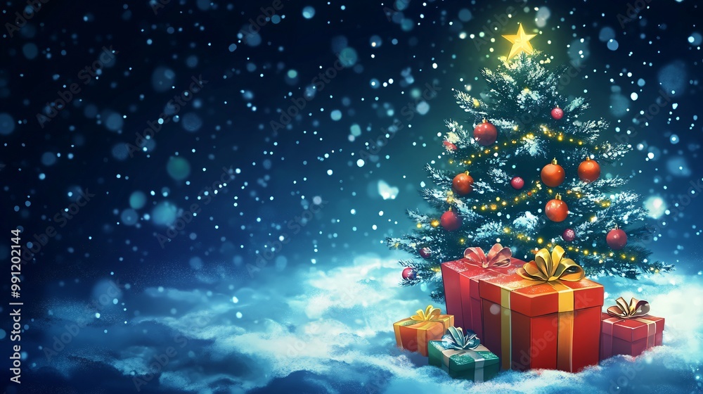 Lovely Snowy Holiday Background with Christmas Tree Lovely Snowy Holiday Background with Christmas Tree