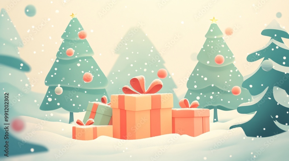 Obraz premium Soft Snowy Holiday Illustration with Gifts and Trees