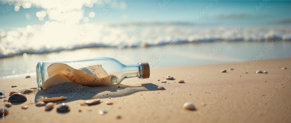A glass bottle with a note rests on the beach A glass bottle with a note rests on the beach