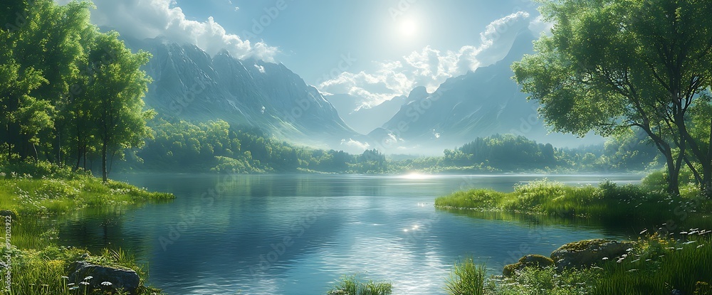 Tranquil lake surrounded by lush greenery and majestic mountains under a bright blue sky. Tranquil lake surrounded by lush greenery and majestic mountains under a bright blue sky.