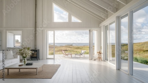 A Scandinavian summer house with simple, modern architecture, built with white wood and large sliding doors that open to a sunny, coastal landscape.