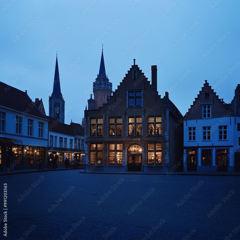 The Bruges Market Square, with the Cranenburg House in the background during blue hour The Bruges Market Square, with the Cranenburg House in the background during blue hour