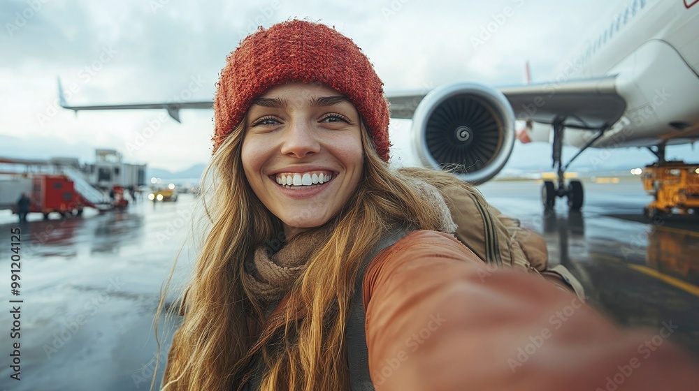 traveler snapping a selfie before boarding the airplane, capturing a moment of joy and excitement at the airport, ready for a fun vacation and the travel journey ahead traveler snapping a selfie before boarding the airplane, capturing a moment of joy and excitement at the airport, ready for a fun vacation and the travel journey ahead