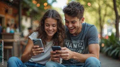 A young couple sits together, each with a smartphone