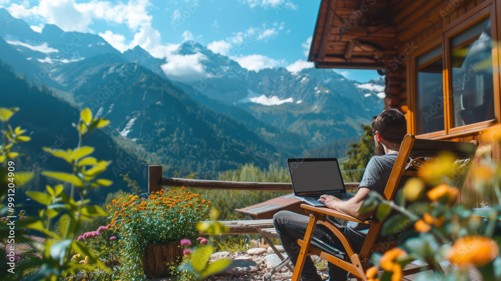A digital nomad using a laptop at a mountain retreat, showcasing the lifestyle of remote work combined with the freedom to travel anywhere.