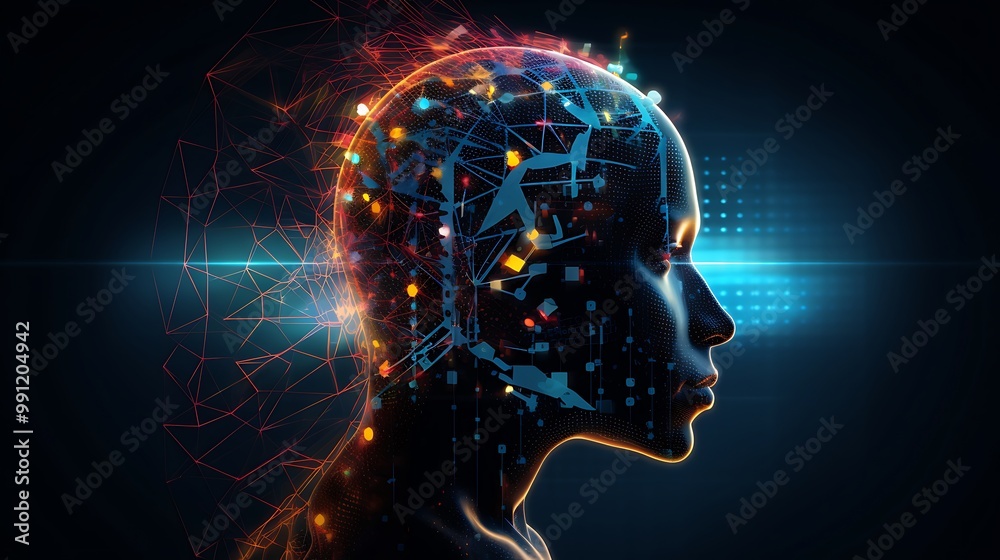 Obraz premium Futuristic Side Profile of Human Head with Glowing Circuits and Neural Network Patterns in a Digital Technology Design