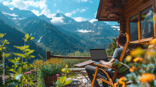Obraz na płótnie A digital nomad using a laptop at a mountain retreat, showcasing the lifestyle of remote work combined with the freedom to travel anywhere. w salonie