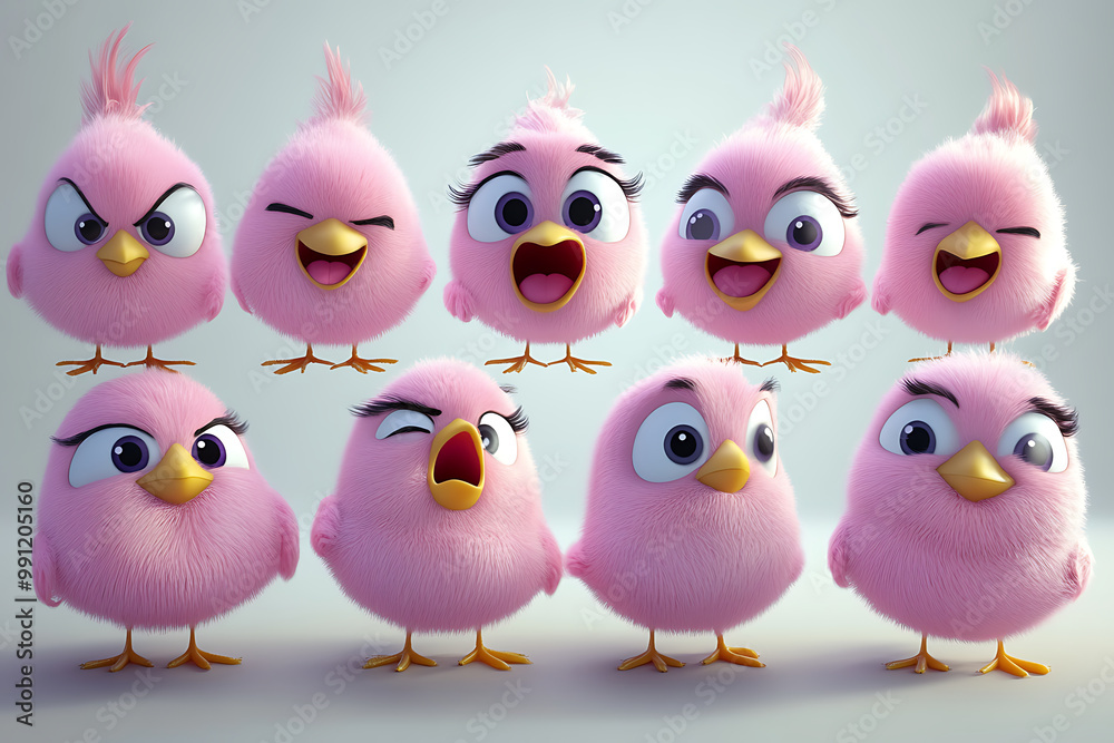 Pink Cartoon Chicks Displaying Various Emotions Pink Cartoon Chicks Displaying Various Emotions