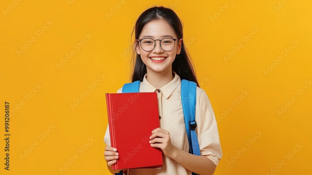 Asian school girl holding a red notebook on a yellow background, space for text Asian school girl holding a red notebook on a yellow background, space for text