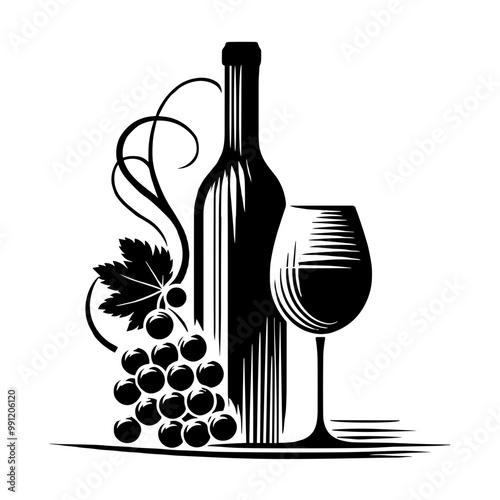 A black and white silhouette of bottle of wine, glass of wine, and bunch of grapes, vector, minimalist art style, stroke lines for an abstract look, transparent background 
