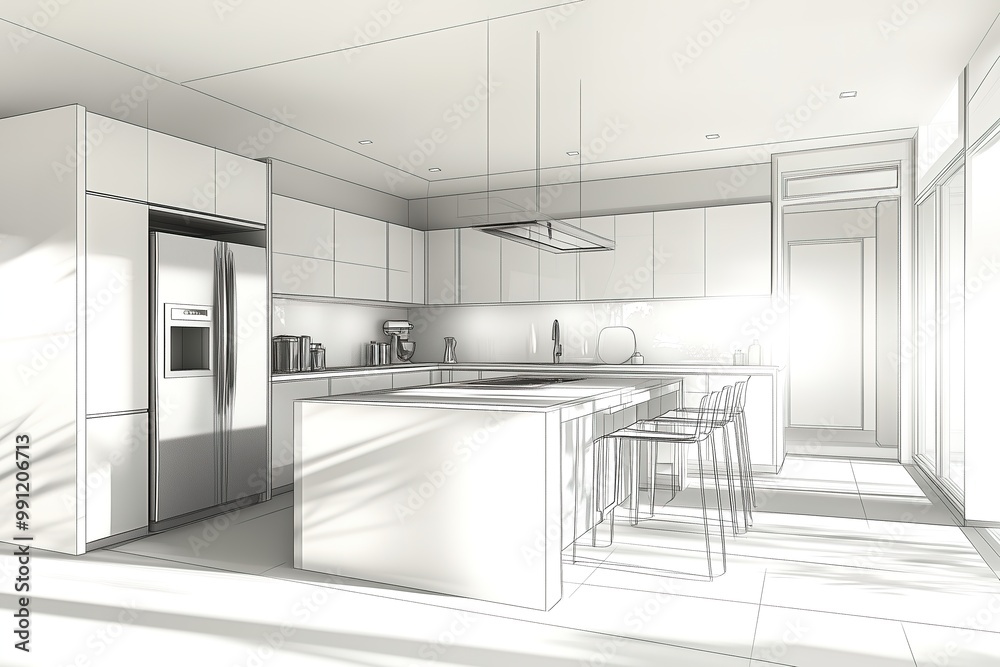 Modern white kitchen with sleek design, featuring an island, cabinets, and stainless steel appliances. Modern white kitchen with sleek design, featuring an island, cabinets, and stainless steel appliances.