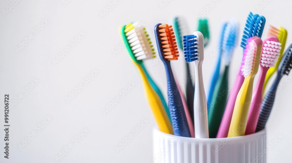 A collection of colorful toothbrushes arranged in a white container against a light background. A collection of colorful toothbrushes arranged in a white container against a light background.