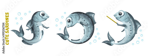 Cute Sardines - Playful Underwater Characters Set. Vector Illustration.