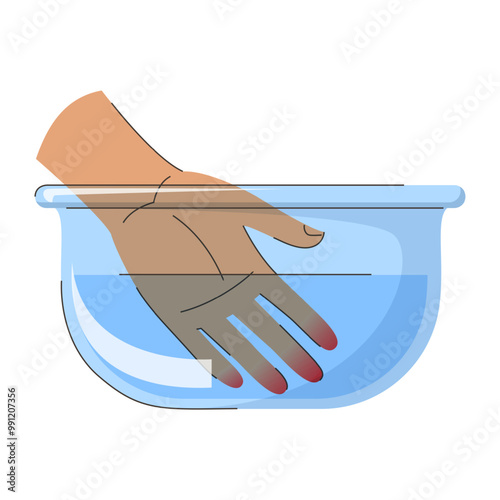 Frostbitten hand in the bowl with warm water vector isolated. Frostbite first aid. Bathing cold red fingers in hot water. Skin care, frostbite treatment.