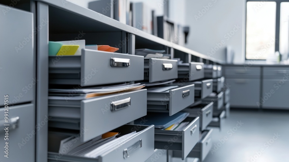 A modern office space featuring organized filing cabinets with documents and colorful folders. A modern office space featuring organized filing cabinets with documents and colorful folders.