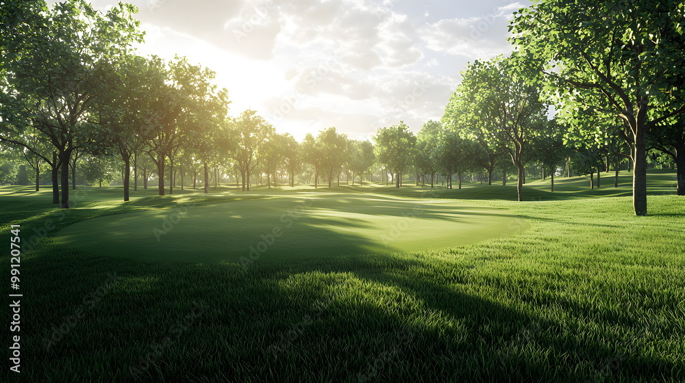 Obraz premium Very lifelike golf field at sunshrine, the middle of the field view likes as the first person perspective ,Golf sport landscape