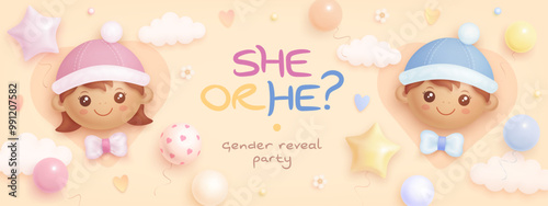 He or she. Boy or girl. Cartoon gender reveal card, banner, invitation design template. Wallpaper with 3d cartoon black baby girl and black baby boy. Vector illustration