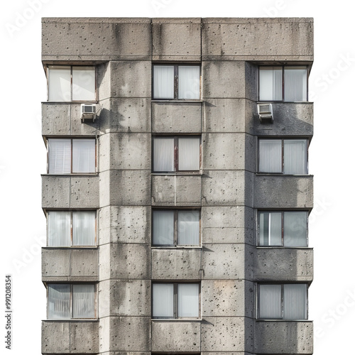 Facade of an old concrete apartment building with many small windows and air conditioners showing signs of deterioration photo