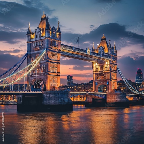 Tower Bridge illuminated at night in London. England