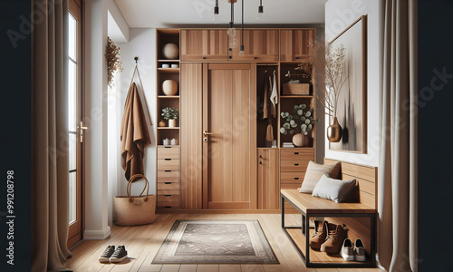 Eine Diele - Eingang in einem Wohnhaus mit gut durchdachter Einrichtung, copy space