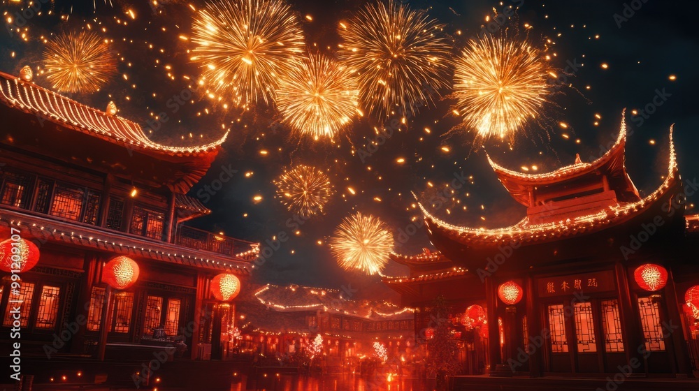 Fototapeta premium Red and gold fireworks bursting in a dark sky, illuminating a traditional Chinese courtyard decorated for the Lunar New Year.