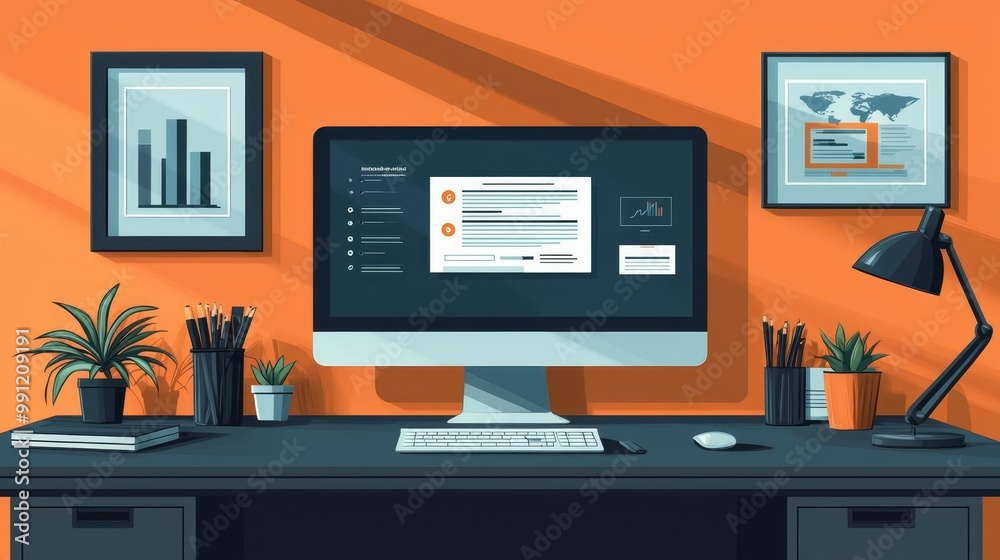 A professional workspace with branding materials on the table, and a screen showing a remote international business meeting, with ample space for text A professional workspace with branding materials on the table, and a screen showing a remote international business meeting, with ample space for text