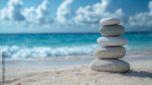 coastal view with ocean waves crashing against the shore and balancing stones on the beach, perfect scene for meditation and relaxation, beach tranquility and natural balance captured beautifully