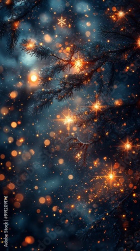 Beautifully illuminated Christmas tree branches adorned with glowing golden lights and star ornaments in a magical bokeh-lit background, capturing the festive holiday spirit.