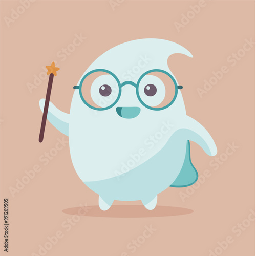 Cute kawaii ghost with teal body, blue glasses, and magic wand, a minimalist Halloween character in pastel colors.