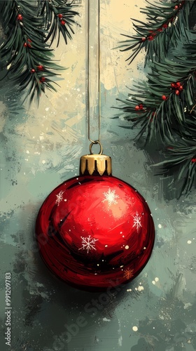 Artistic Christmas-themed phone wallpaper featuring a red ornament with snowflake design, hanging on festive evergreen branches.