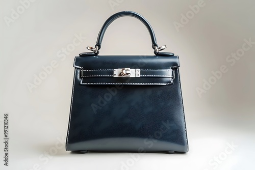 An elegant navy blue leather purse with silver hardware, isolated on a solid white background, front view photo