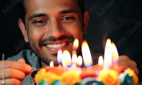 Chilean Man Lighting Birthday Cake Candles