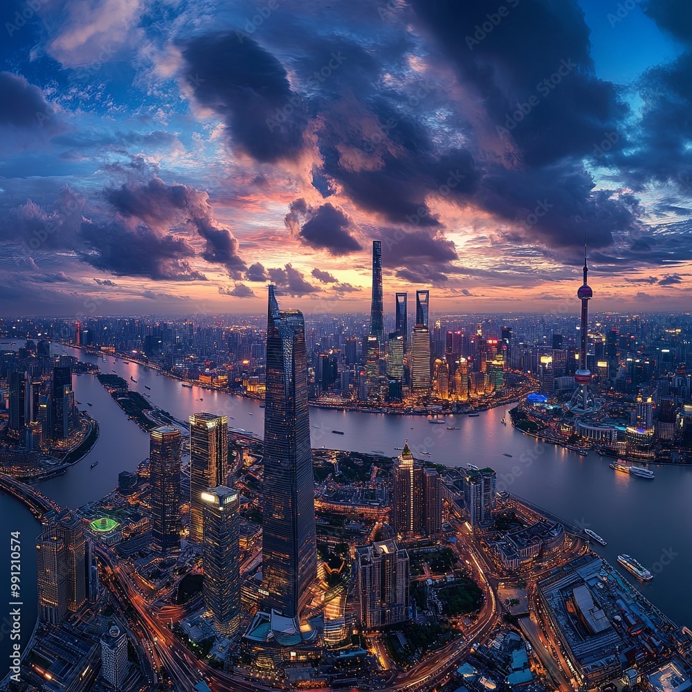 Fototapeta premium View of Shanghai skyline panoramic cityscape at night