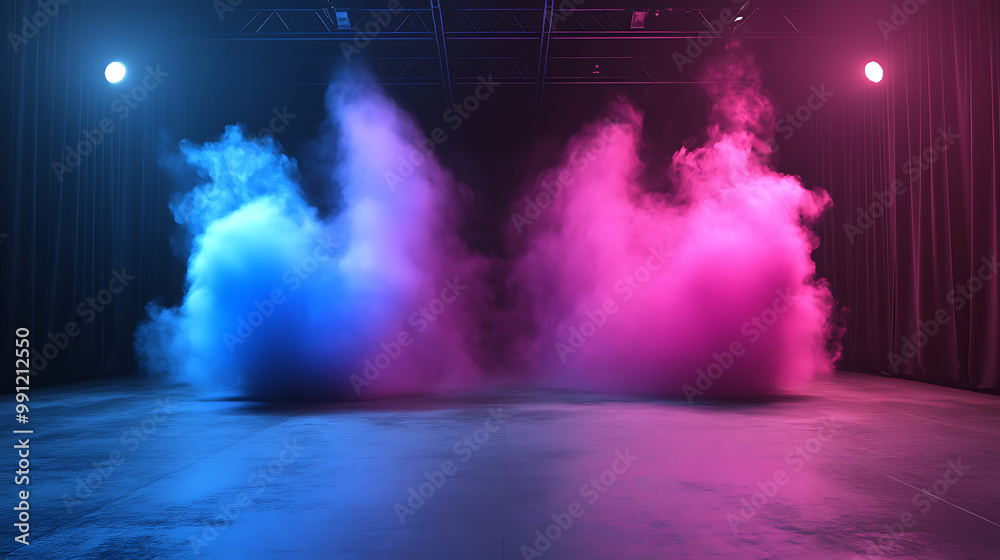 Cyan and magenta smoke blending on a stage, creating a modern and bold ...