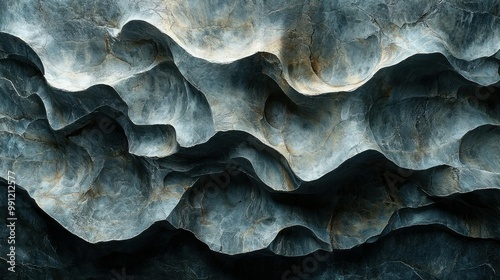 An abstract view of a layered rock formation with smooth, wavy textures in shades of blue and gray, resembling natural waves in stone. photo