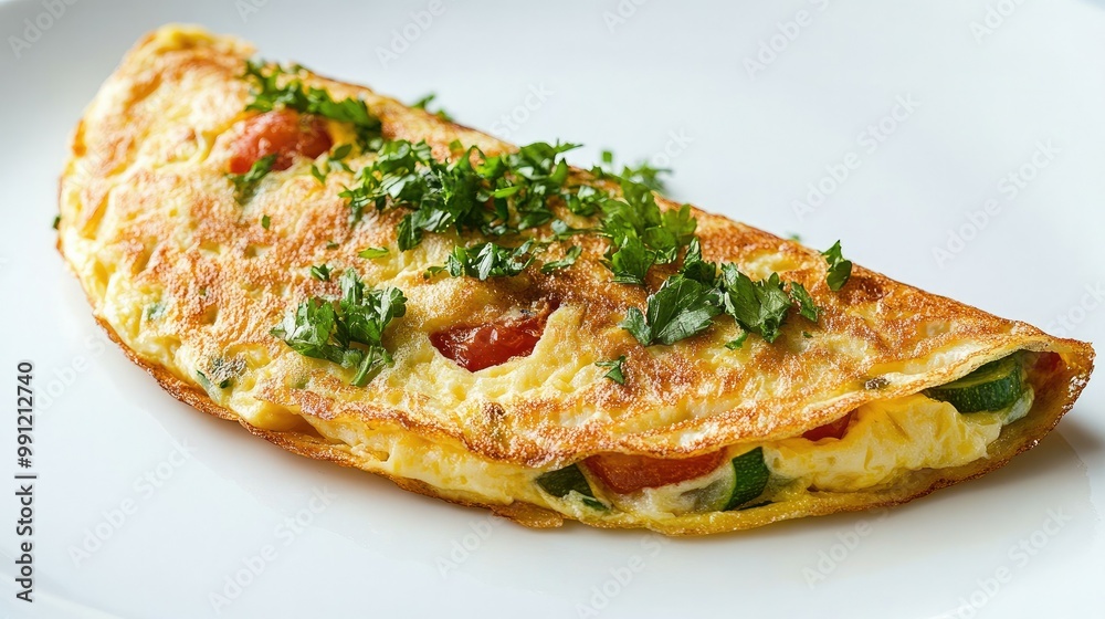 A fluffy omelet filled with vegetables and herbs, placed on a white surface, highlighting a healthy and simple meal. A fluffy omelet filled with vegetables and herbs, placed on a white surface, highlighting a healthy and simple meal.
