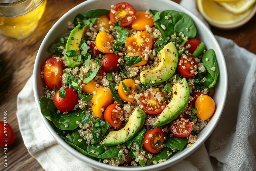 Vibrant Quinoa Salad with Avocado, Tomatoes, and Spinach, Served on a Light Wooden Table in a Sunlit Wellness Kitchen with Natural Ingredients Best for Food And Health Content, Article, and Campaign Vibrant Quinoa Salad with Avocado, Tomatoes, and Spinach, Served on a Light Wooden Table in a Sunlit Wellness Kitchen with Natural Ingredients Best for Food And Health Content, Article, and Campaign