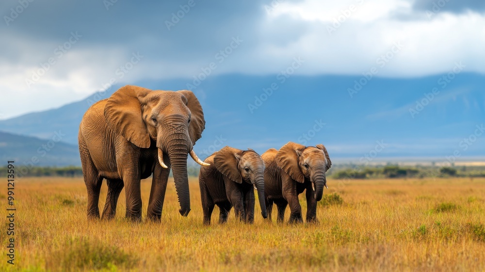 Fototapeta premium Family of Elephants Walking in Savanna Landscape