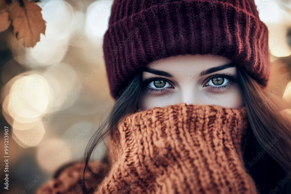 Woman Wrapped in Cozy Knit Sweater with Intense Eyes in Autumn Bokeh Setting Woman Wrapped in Cozy Knit Sweater with Intense Eyes in Autumn Bokeh Setting