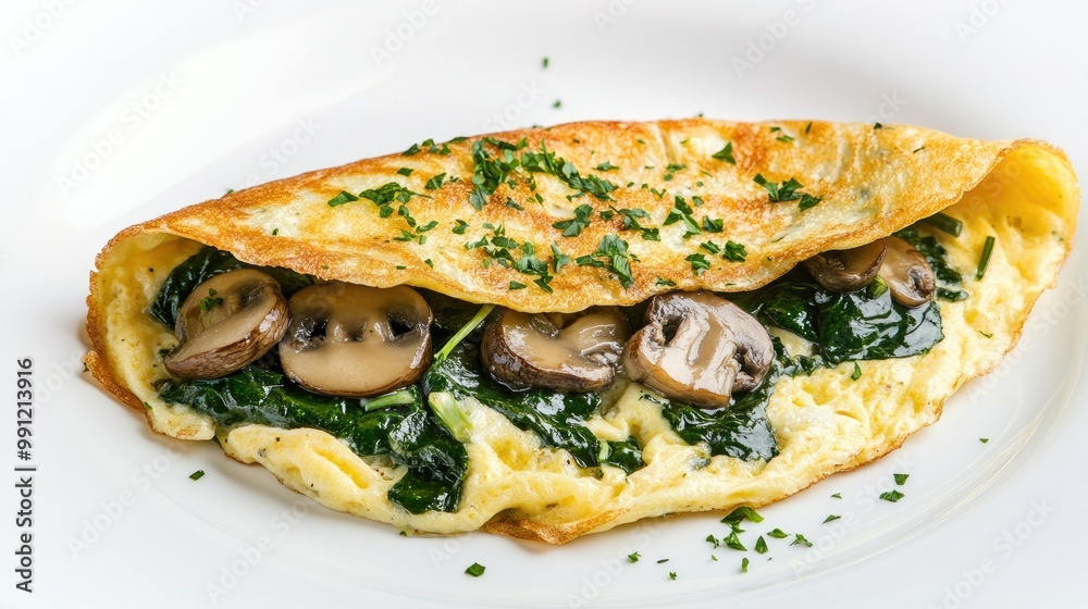 A healthy spinach and mushroom omelet on a white dish, isolated against a white background, ideal for nutritious breakfast themes. A healthy spinach and mushroom omelet on a white dish, isolated against a white background, ideal for nutritious breakfast themes.