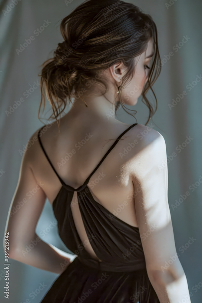 Elegant woman in black dress with soft updo hairstyle, posing with her back to the camera. Elegant woman in black dress with soft updo hairstyle, posing with her back to the camera.